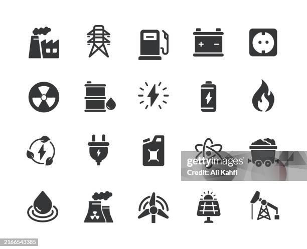 energie-festkörper-symbole. enthält kraftstoff-, atom-, grüne energie-, batterie- und ölfeststoff-symbolsammlung. vektor-illustration. für website-design, logo, app, vorlage, benutzeroberfläche usw. - kohle stock-grafiken, -clipart, -cartoons und -symbole