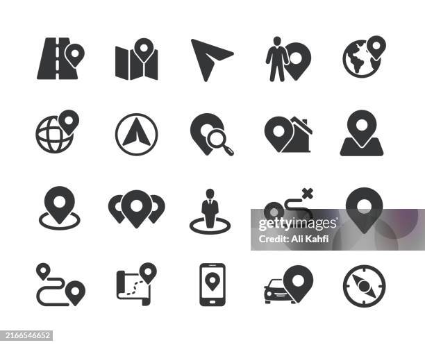 navigation solid icons. containing map, pointer, gps, rute icons collection. vector illustration. for website design, logo, app, template, ui, etc. - pin code stock illustrations