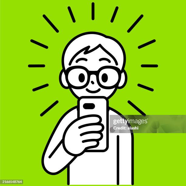 a studious boy with horn-rimmed glasses looks happily at his smartphone, minimalist style with a black and white outline - happy children watching tv stock illustrations