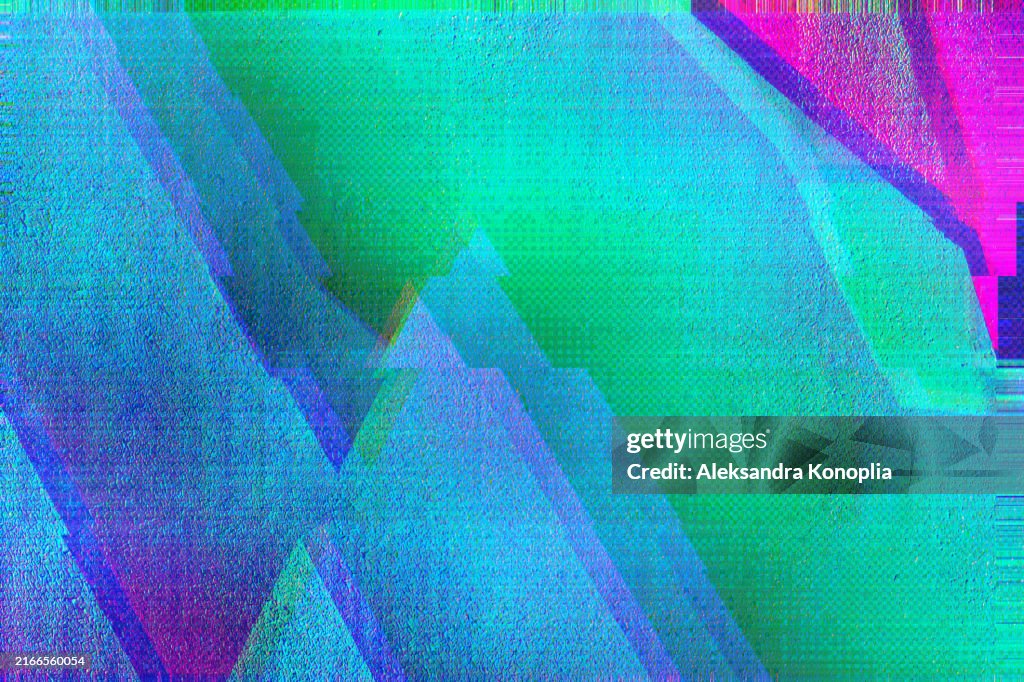 Abstract Geometric Glitch Art with Vibrant Neon Colors in a Textured pixelated Digital Pattern
