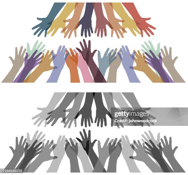 multiple reaching hands illustration - refugee stock illustrations
