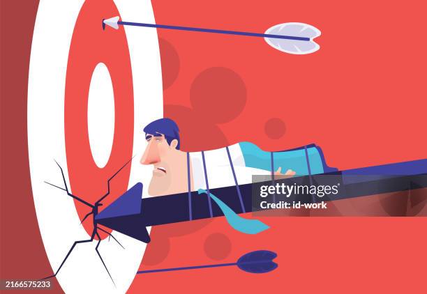businessman tied up with arrow and missing target - arrow missing target stock illustrations