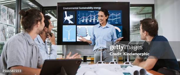 engineer team brainstorm meeting in factory office. presentation on esg project planning, solar panel, wind turbine power generation, environmental sustainable energy efficient. industrial business - building animation stock pictures, royalty-free photos & images