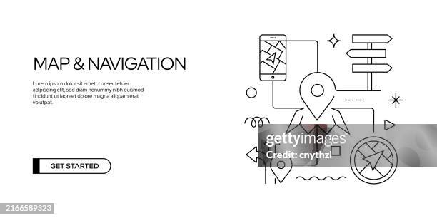 map and navigation related line banner design. location, direction, gps, internet. - road map markers stock illustrations