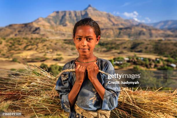 portrait of young african girl carrying straw, east africa - ethiopian ethnicity stock pictures, royalty-free photos & images