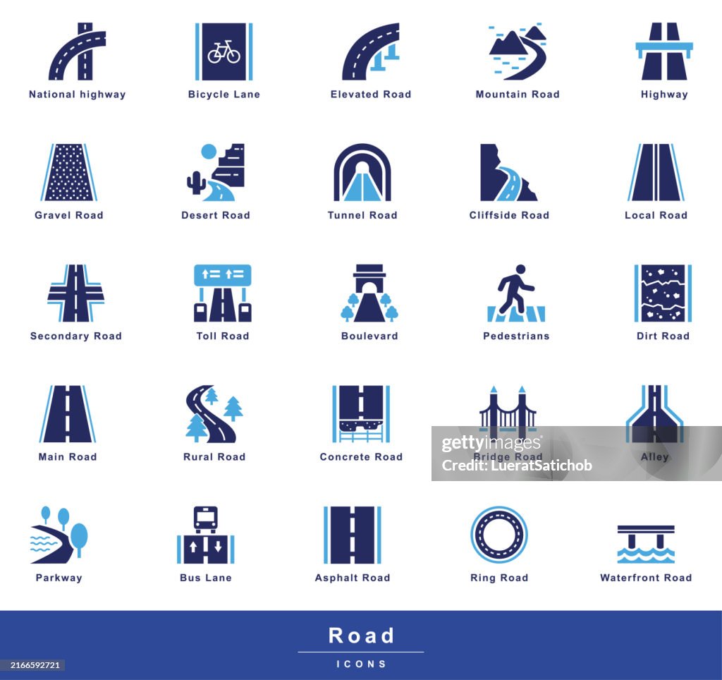 Road Glyph Icons.Different types of roads around the world and transportation, Main Road, Secondary Road, Local Road, Highway, Toll Road, Dirt Road, Tunnel Road, Bridge Road, Bus Lane, Pedestrians