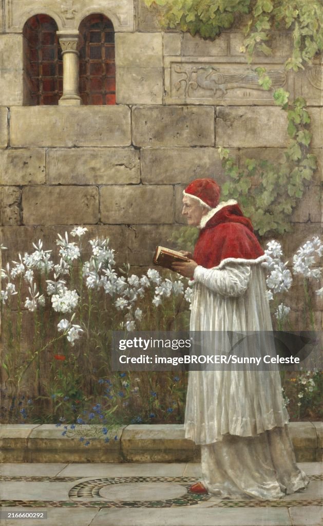 A pope in a white robe and red hat reads a book in a garden, surrounded by white flowers in front of a stone wall with ivy. Pope Urban VI, Urban VI, originally Bartolomeo Prignano, (1318, 15 October 1389) was Roman Catholic Pope from 1378 to 1389, Paintin