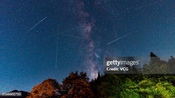 Perseid meteor shower lights up the sky on August 12, 2024 in Chengdu, Sichuan Province of China.