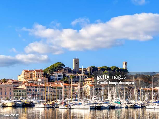 boats at marina in cityscape view - cannes stock pictures, royalty-free photos & images