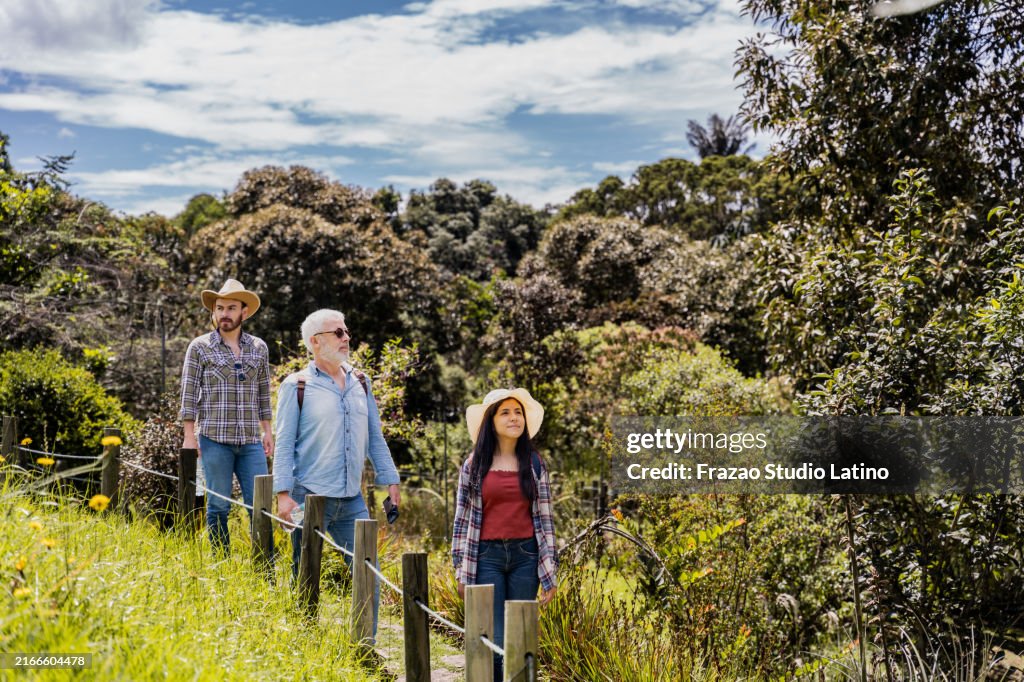 Family looking around during hiking outdoors