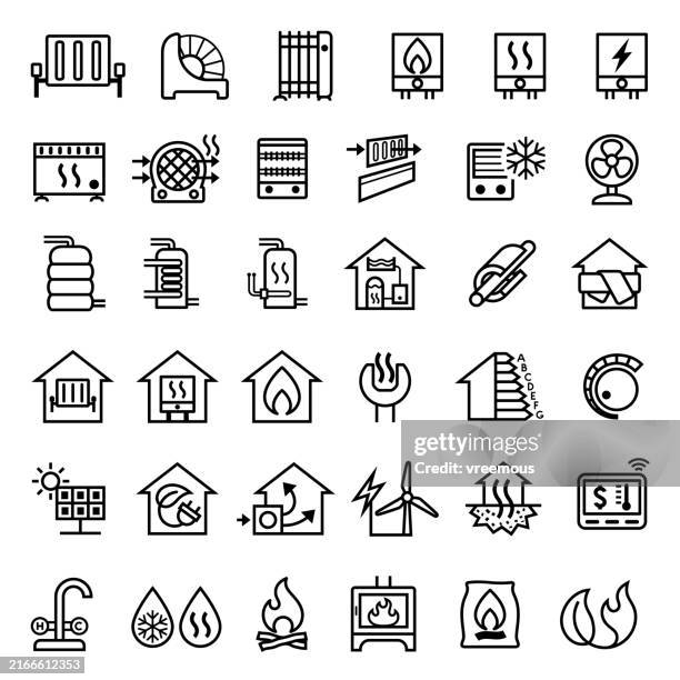 ilustraciones, imágenes clip art, dibujos animados e iconos de stock de iconos de sistemas y electrodomésticos de calefacción para el hogar y el hogar - estufa