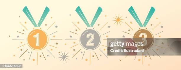 ilustraciones, imágenes clip art, dibujos animados e iconos de stock de medallas de oro, plata y bronce con fuegos artificiales - segundo puesto