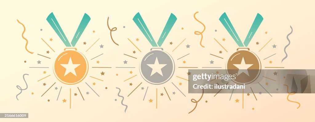 Sternmedaillen in Gold, Silber und Bronze mit Konfetti, Luftschlangen und Feuerwerk