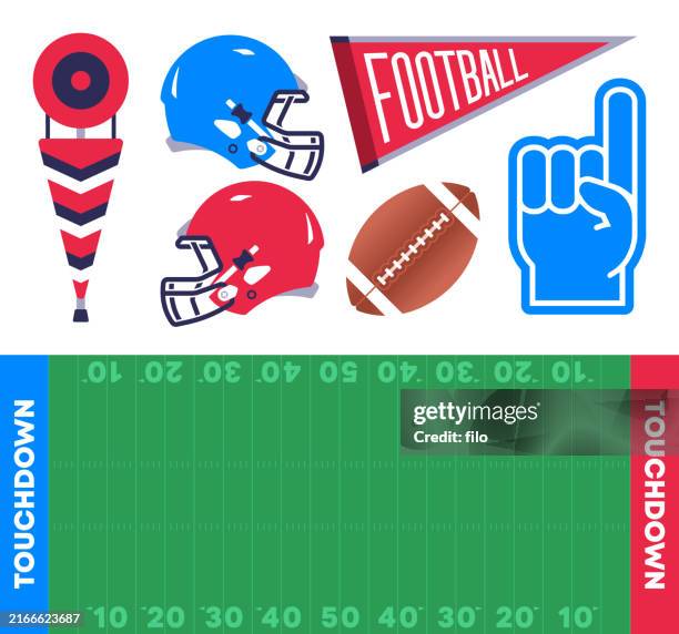 ilustraciones, imágenes clip art, dibujos animados e iconos de stock de casco de campo de fútbol americano banderín de espuma elementos de diseño de dedos - fútbol americano