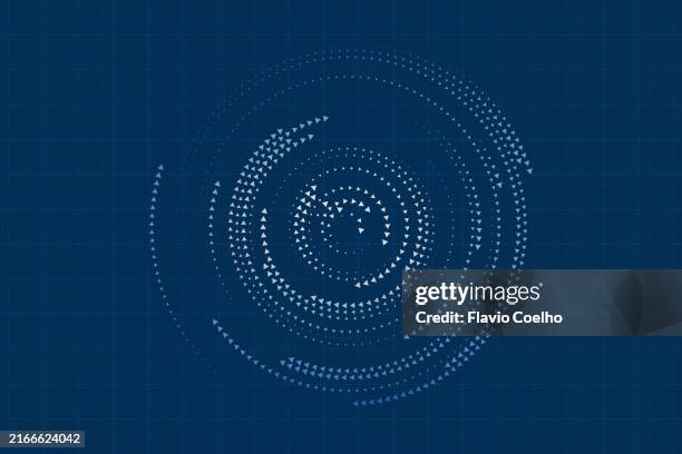 spinning arrowheads against a blue grid pattern background - coordonnée géographique photos et images de collection
