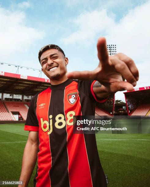 Bournemouth unveil new signing Julian Araujo at Vitality Stadium on August 13, 2024 in Bournemouth, England.