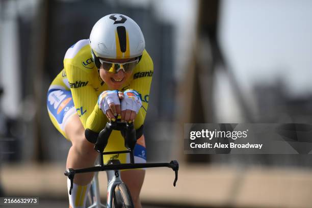 Charlotte Kool of The Netherlands and Team dsm-firmenich PostNL - Yellow leader jersey sprints during the 3rd Tour de France Femmes 2024, Stage 3 a...