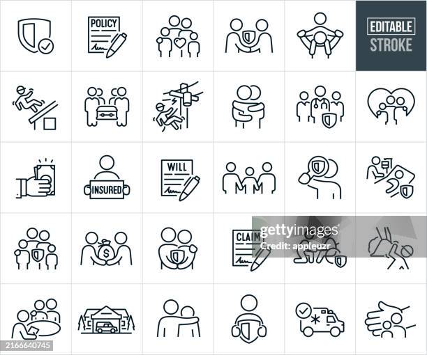 illustrations, cliparts, dessins animés et icônes de icônes de ligne mince d’assurance vie - trait modifiable - testament