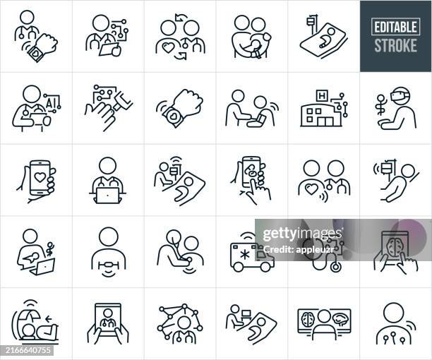 ilustraciones, imágenes clip art, dibujos animados e iconos de stock de internet de las cosas en el cuidado de la salud iot íconos de línea delgada - trazo editable - ordenador para utilizar como accesorio