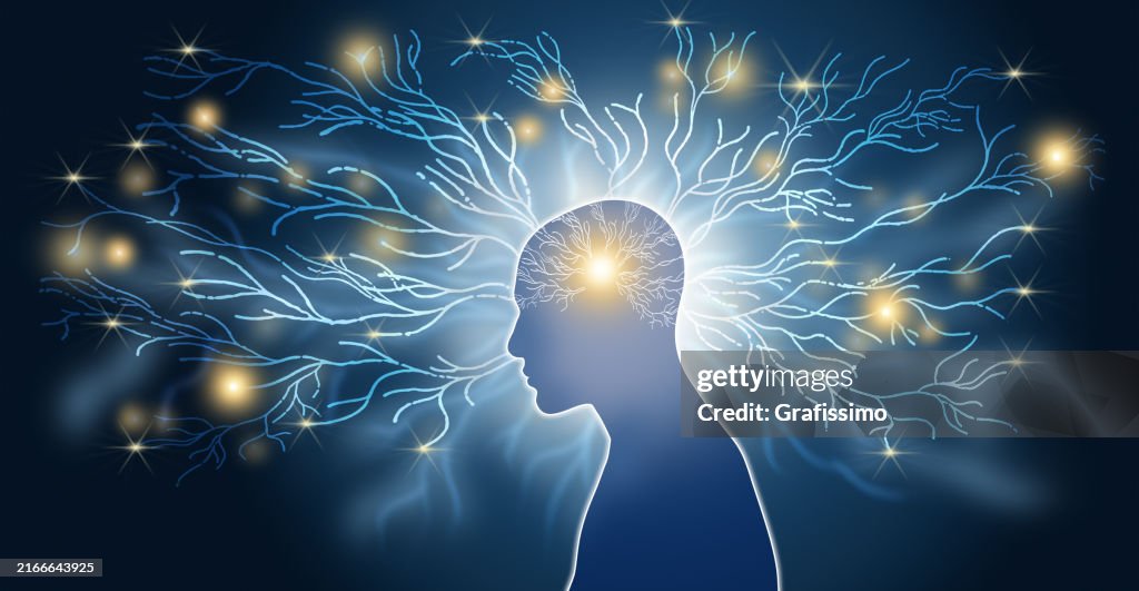 Deep learning infographic of artificial neural network neurons and cyborg illustration