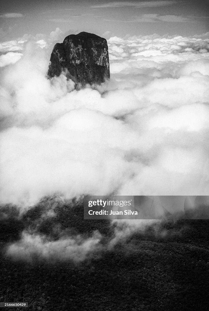 Aerial view of the Cerro Autana partially covered with clouds in the Amazonas State rain forest, Venezuela