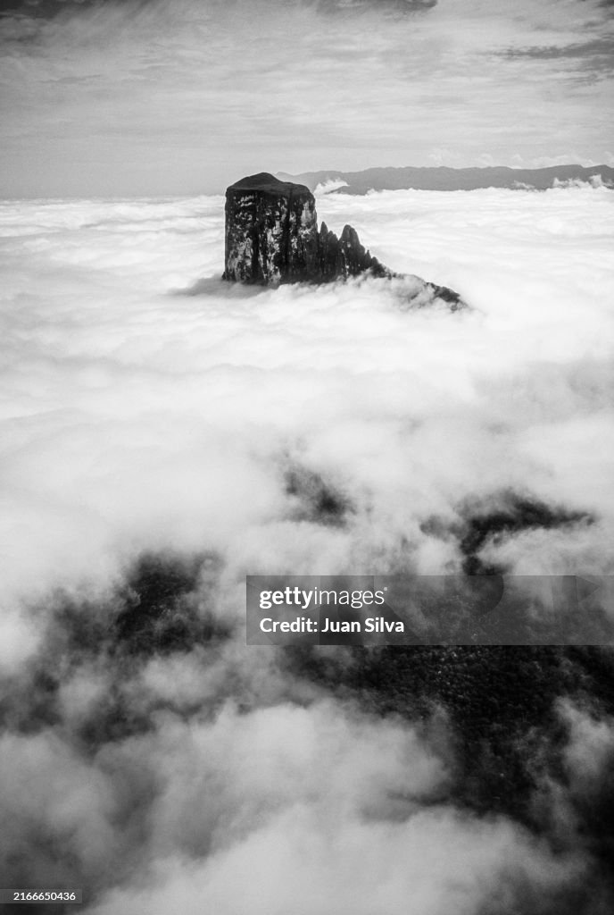 Aerial view of the Cerro Autana partially covered with clouds in the Amazonas State rain forest, Venezuela