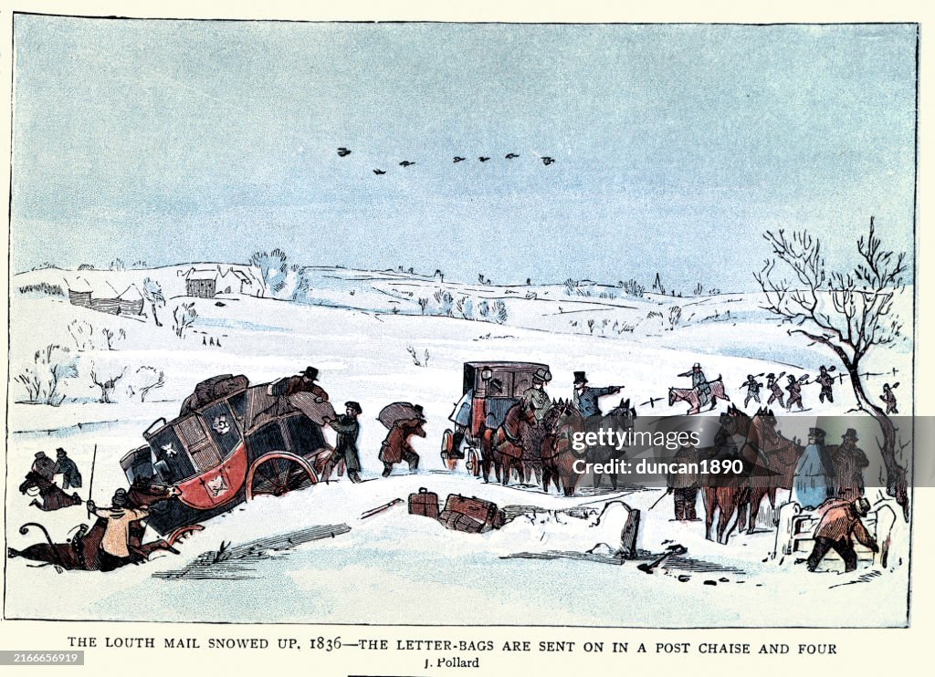 History of transport, Stagecoach the Louth Mail stuck in the snow, Letter bags sent on Post Chaise and Four, 1830s 19th Century