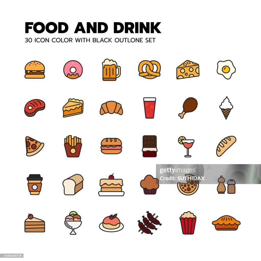 30 Food and Drink Color with Black outline set