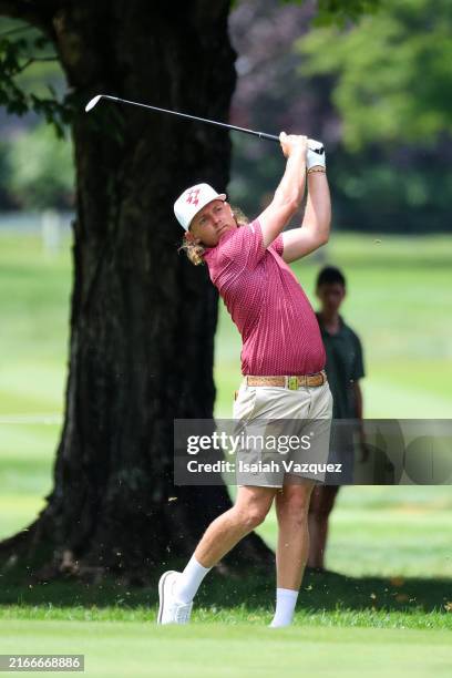 Cameron Smith of Australia hits his shot on the sevent hole during day three of LIV Golf: Greenbrier at The Old White Course on August 18, 2024 in...