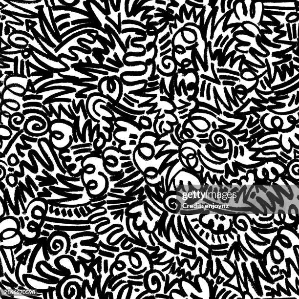 seamless abstract black marker pen street art scribbles background - crayon-scribble stock illustrations