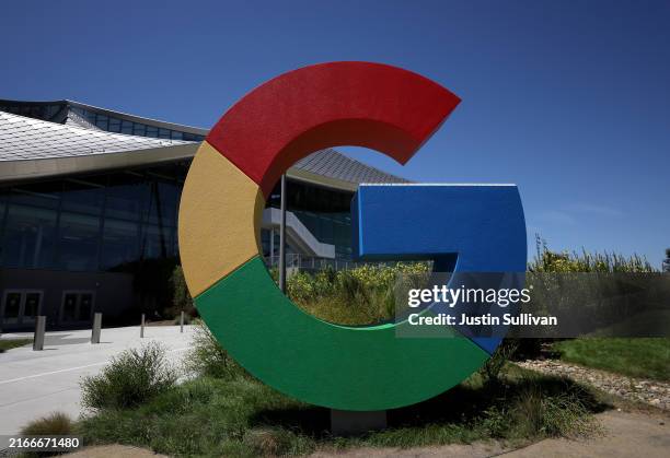 The Google logo is displayed in front of company headquarters during the Made By Google event on August 13, 2024 in Mountain View, California. Google...