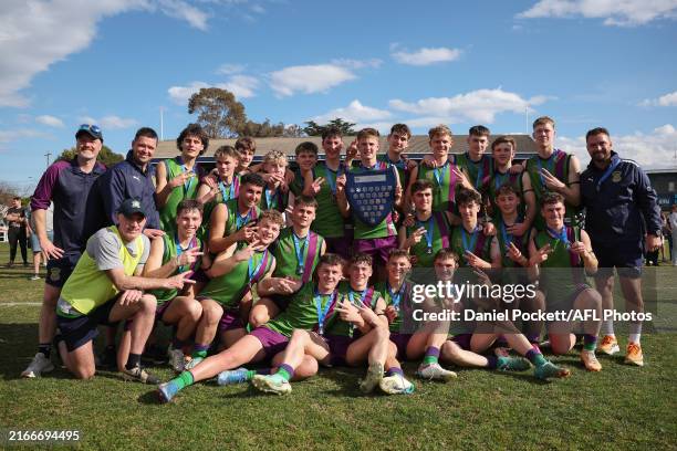 Parade College celebrate with the shield after winning the Herald Sun Shield Senior Boys Div 1 Grand Final match between Parade College and Emmanuel...