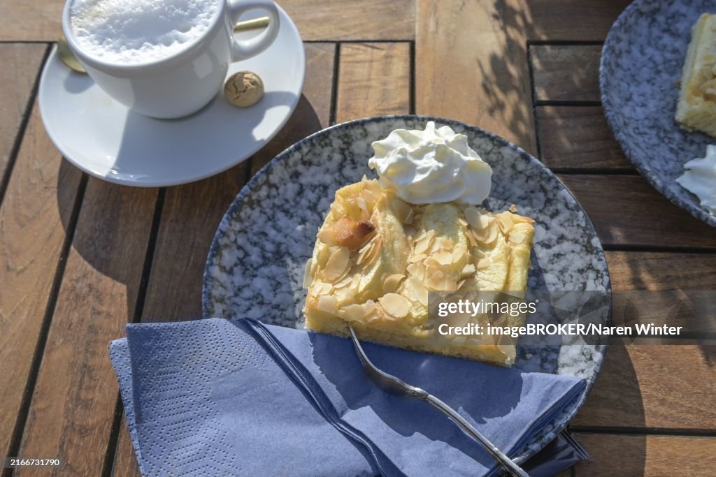 Fresh apple cake covered with almonds served with whipped cream on a blue plate and a cup of coffee on a wooden garden table on a sunny day, selected focus