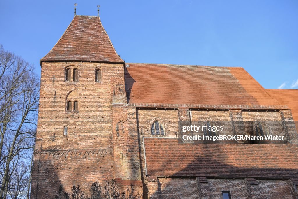 Church of the historic monastery of Rehna, Germany, with tower and nave of red brick masonry, partly in romanesque and gothic architecture, blue sky on a sunny day, Europe