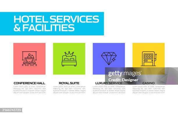 hotel services and facilities simple line icon set. reception, bell boy, booking, bed, suit, restaurant, spa, casino - concierge stock illustrations