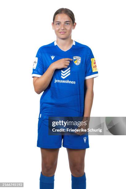 Lisa Gora of Carl Zeiss Jena Women's poses during the team presentation for the Google Pixel Frauen-Bundesliga season 2024/2025 on August 7, 2024 in...