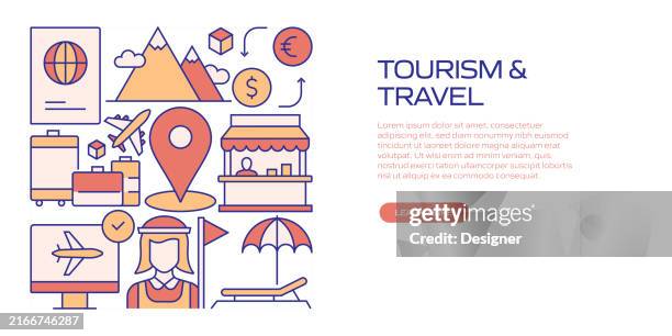 tourism and travel related line style banner design for web page, headline, brochure, annual report and book cover - backpack city stock illustrations