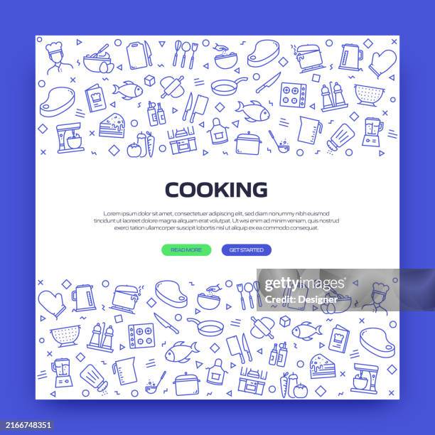 ilustrações de stock, clip art, desenhos animados e ícones de cooking related banner design for web page, headline, brochure, annual report and book cover - loja de utensílios de cozinha