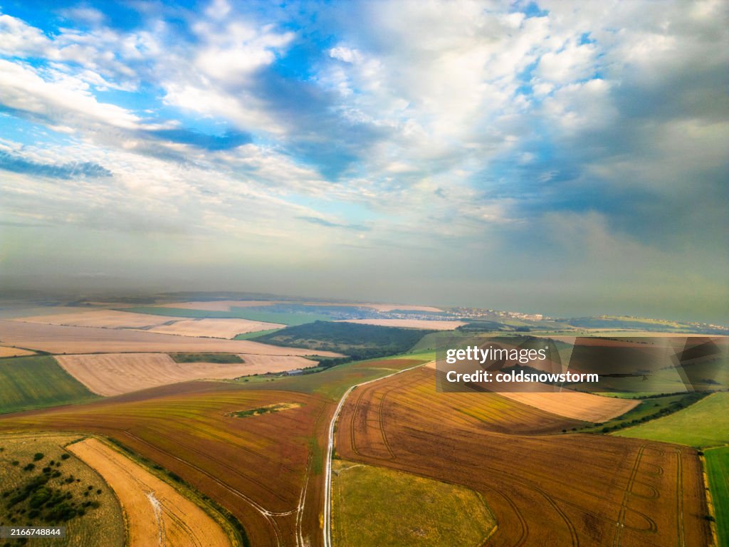 Aerial view of South Downs agricultural landscape in East Sussex, UK