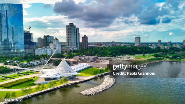 aerial view of milwaukee skyline from lake michigan, wisconsin - usa - milwaukee wisconsin stock pictures, royalty-free photos & images