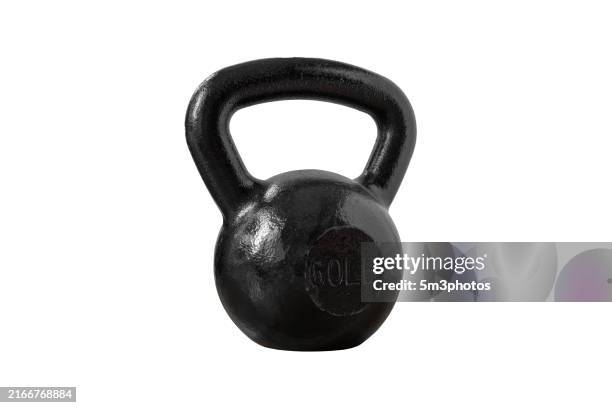 kettlebell dumbbell exercise equipment on white background with copy space - poids-et-haltères photos et images de collection