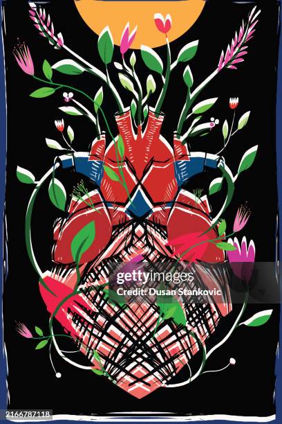 kümmere dich um dein blühendes herz - linolschnitt stock-grafiken, -clipart, -cartoons und -symbole