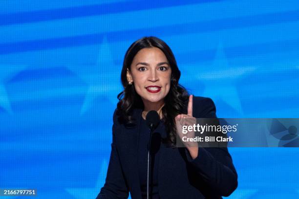 Rep. Alexandria Ocasio-Cortez, D-N.Y., speaks during the 2024 Democratic National Convention at the United Center in Chicago on Monday, August 19,...
