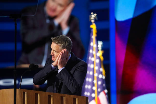Golden State Warriors head coach Steve Kerr delivers a speech on the first evening of DNC Convention at the United Center in Chicago, IL on Monday,...