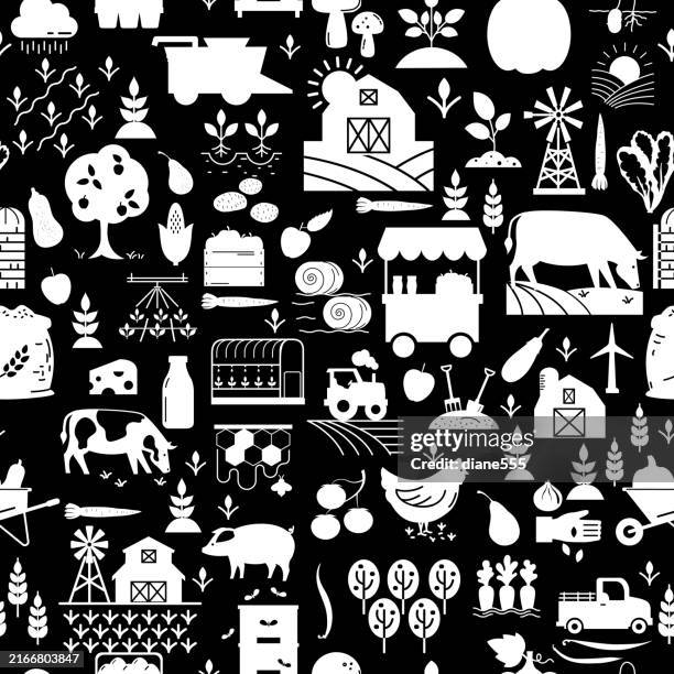 farming & agriculture icons seamless background pattern - old tractor stock illustrations