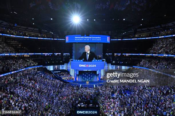 President Joe Biden speaks on the first day of the Democratic National Convention at the United Center in Chicago, Illinois, on August 19, 2024. Vice...