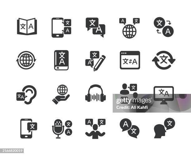 translation solid icons. containing language, bilingual, communication, speaking solid icons collection. vector illustration. for website design, logo, app, template, ui, etc. - bilingual stock illustrations