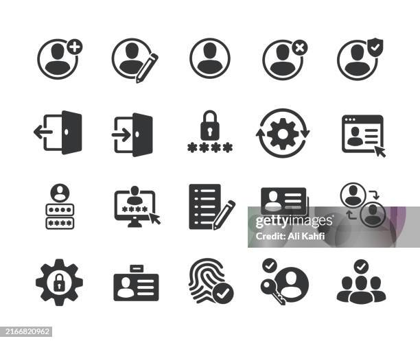 user account solid icons. containing privacy, accessibility, identity, verification solid icons collection. vector illustration. for website design, logo, app, template, ui, etc. - face recognition stock illustrations