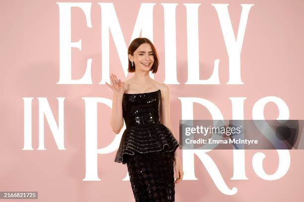 Lily Collins attends the Premiere of Netflix's "Emily In Paris" Season 4 Part 1 at The Egyptian Theatre Hollywood on August 14, 2024 in Los Angeles,...