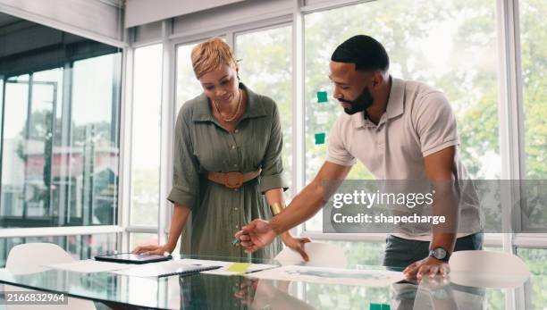 business people, planning and conversation with teamwork, documents and advice for project launch. employees, man and woman with paperwork, support and cooperation for ideas, talk and company growth - kick off stock pictures, royalty-free photos & images